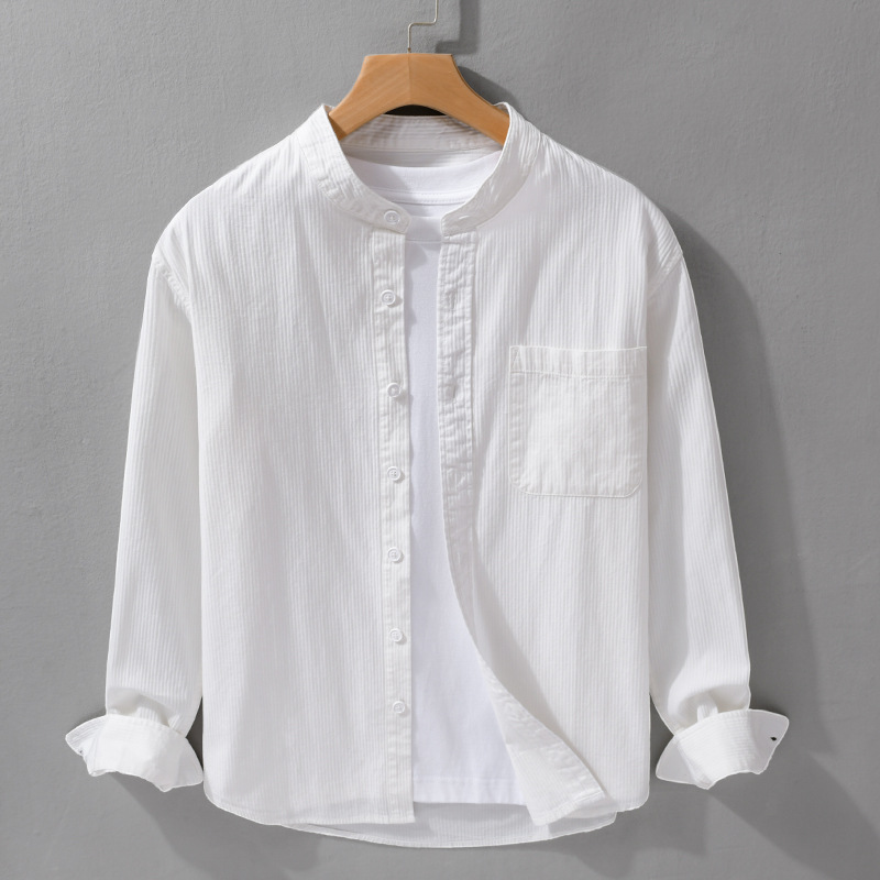 高级感条纹衬衫男款长袖2025秋新款纯棉时尚休闲立领全棉白色衬衣