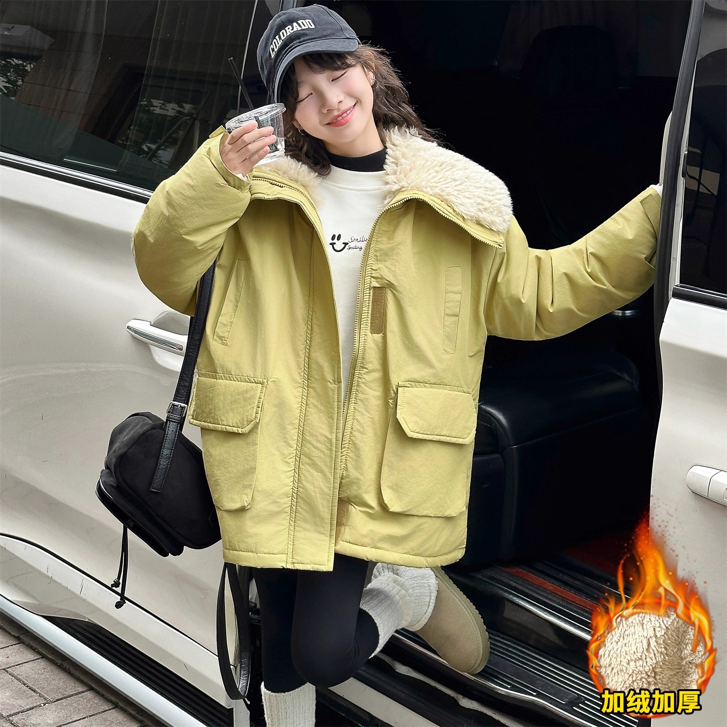 女童加绒派克服外套冬2025新款儿童韩系女大童加棉加厚大翻领棉袄