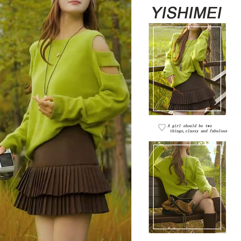 早秋时尚穿搭2025年新款韩系百搭镂空长袖针织上衣短裙两件套装