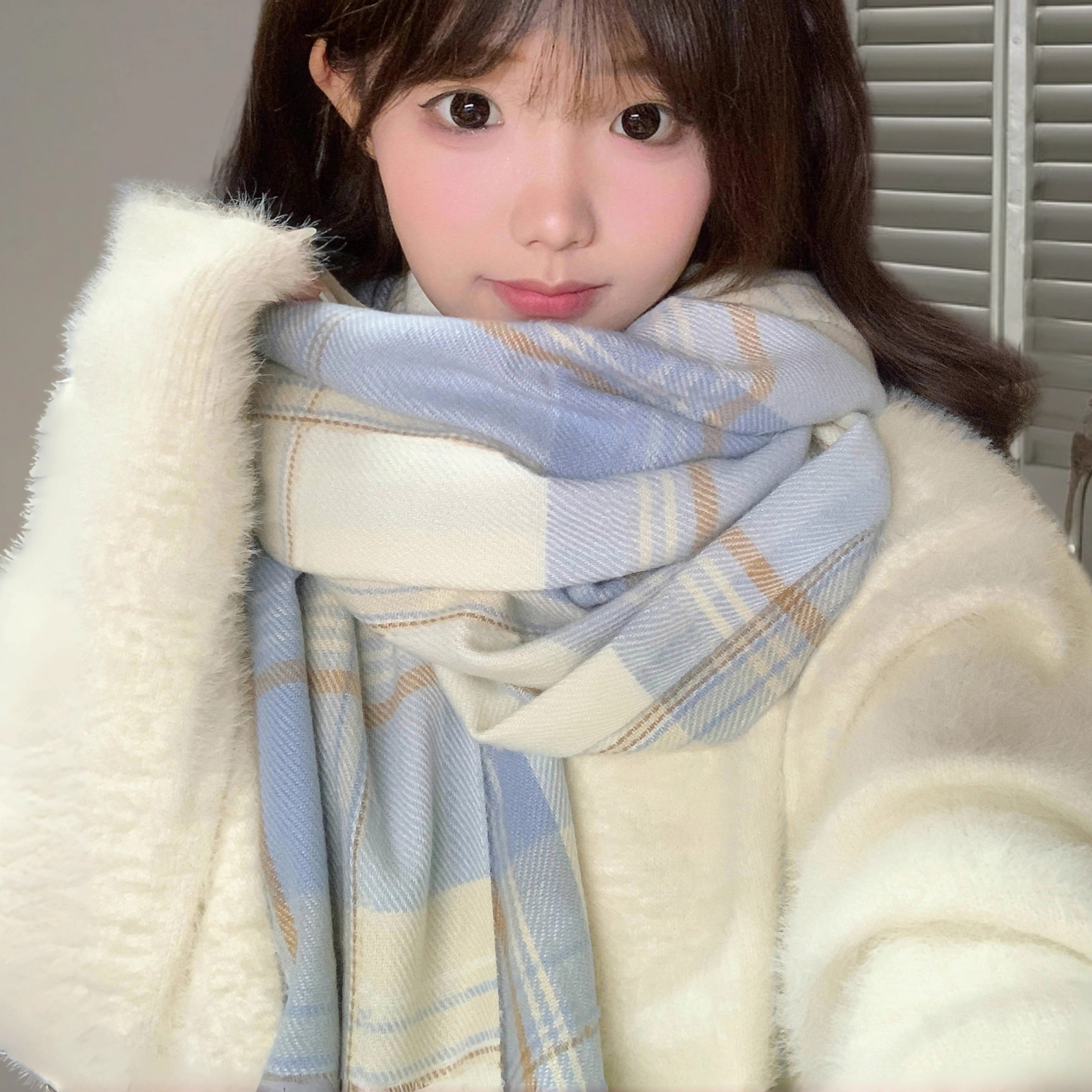 日系氛围感格子围巾女2025冬新款韩系百搭学生jk围脖防寒保暖披肩