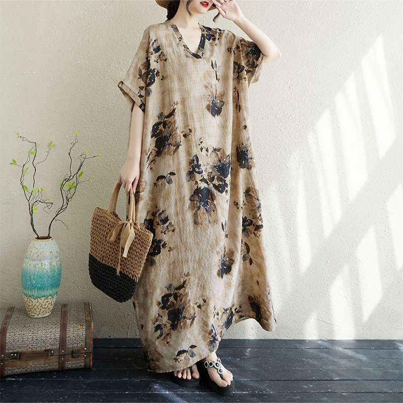 文艺度假风沙滩裙夏季V领薄款棉麻大码宽松遮肉显瘦连衣裙长袍子