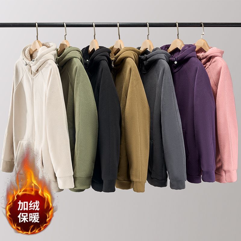 冬季外套男女同款加绒加厚休闲连帽上衣夹克加绒双面运动宽松夹克