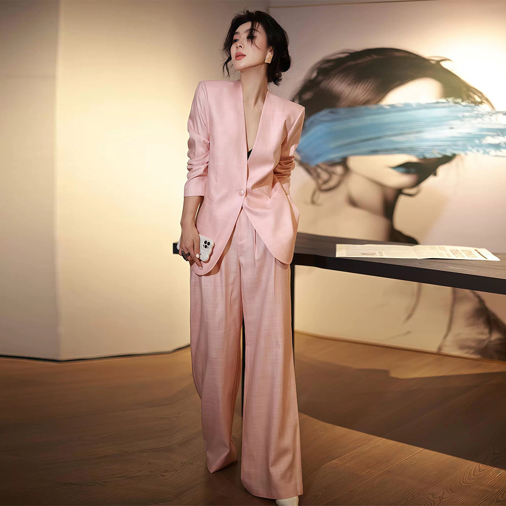 欧货2025年春秋新款时尚V领亚麻炒色西装套装女阔腿裤两件套高端