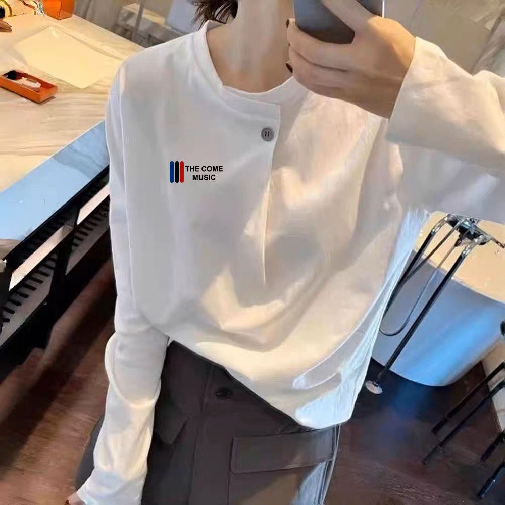 欧货白色纯棉纽扣长袖T恤女春秋2025新款宽松打底衫时尚小衫上衣