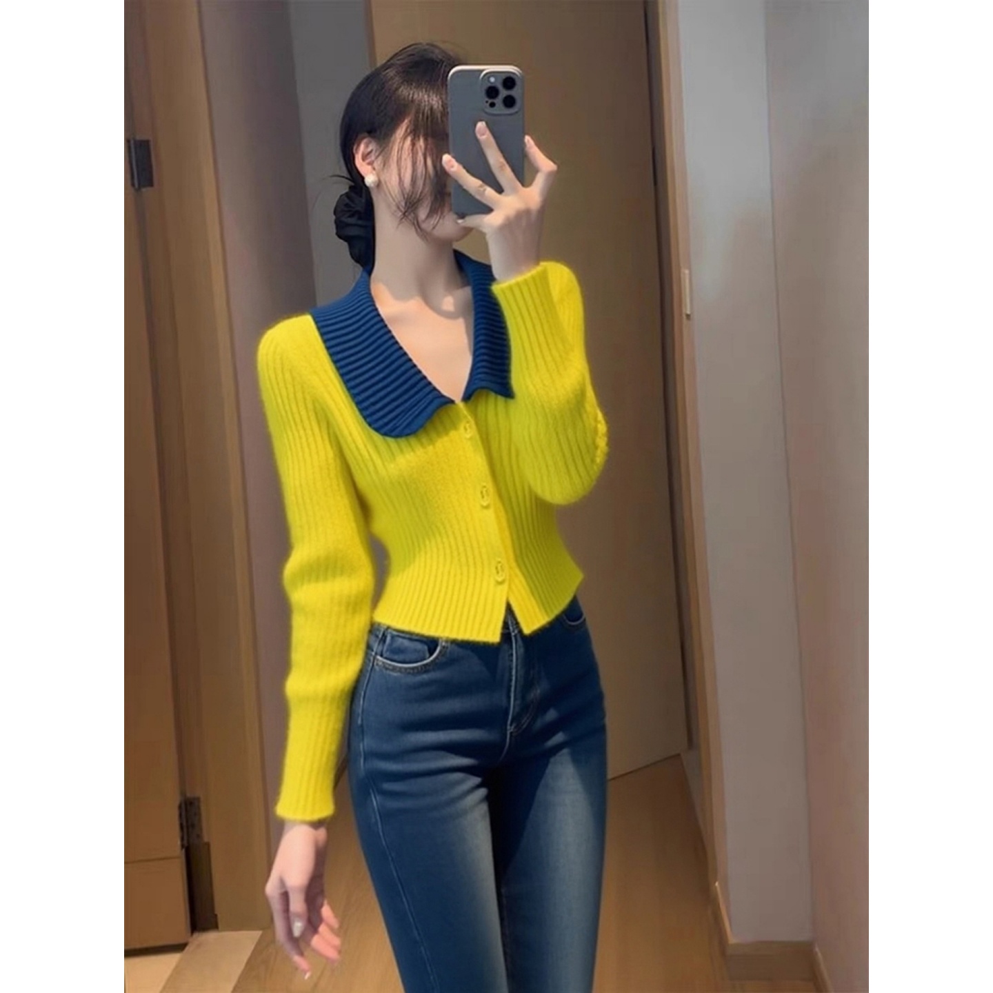 黄色撞色针织衫2025冬季时尚洋气高端小众不撞款独特漂亮收腰上衣