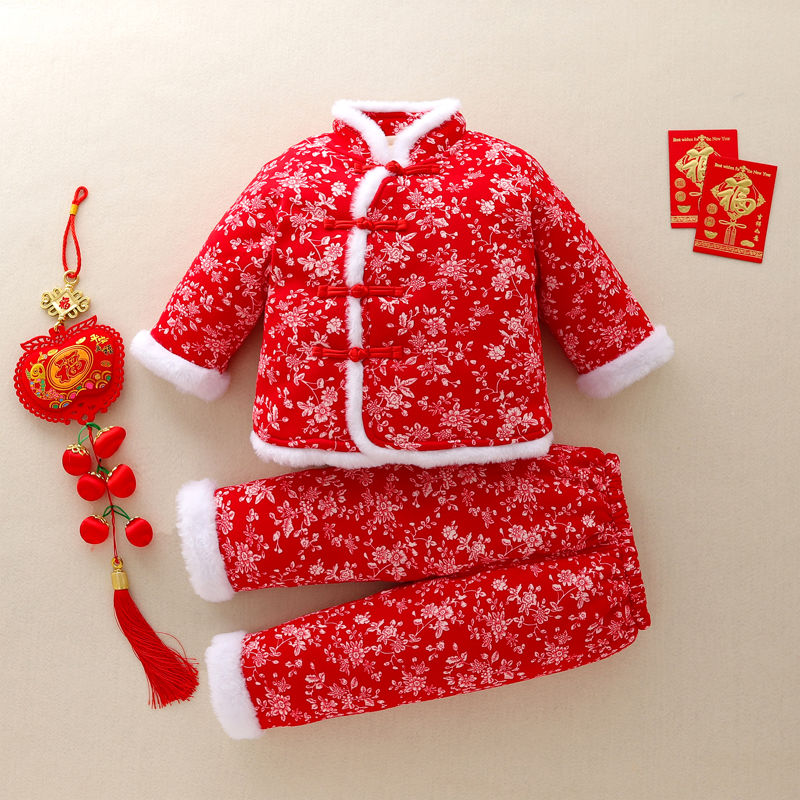 女童东北大花棉袄服女宝宝加绒加棉套装中国风加厚拜年冬季冬装