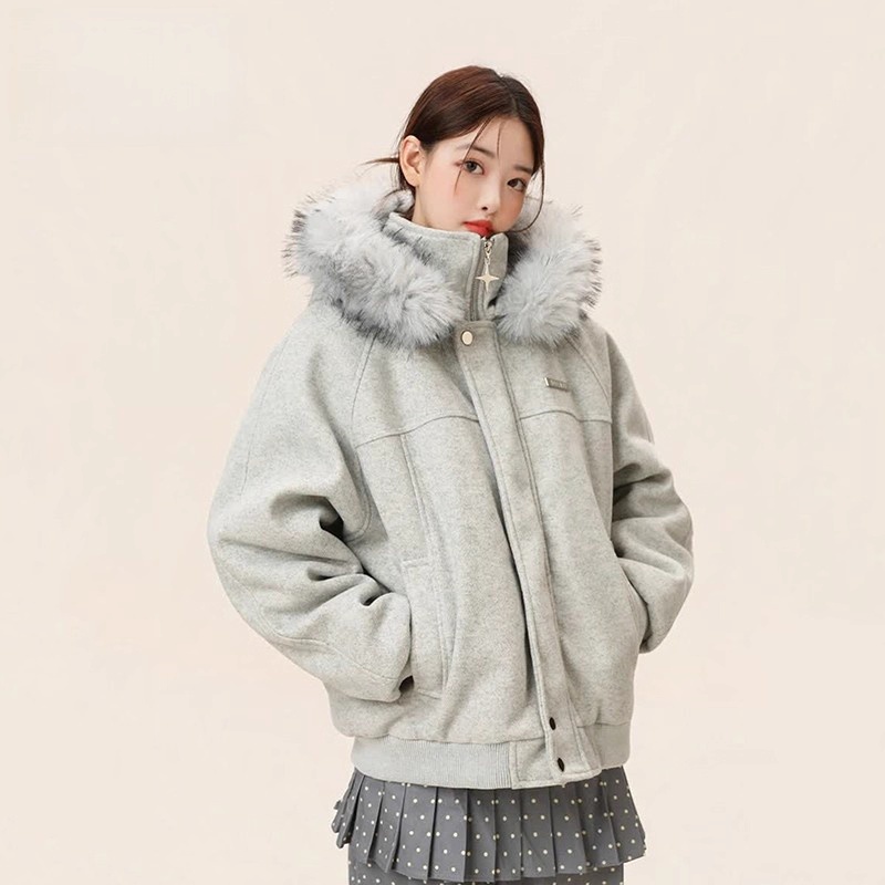 情侣美式连帽毛呢外套棉服女冬季加厚保暖棉袄大毛领棉衣