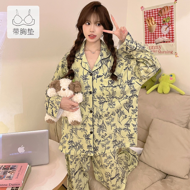 2025新款睡衣女夏季翻领开衫长袖长裤套装夏天女士春秋冬款家居服