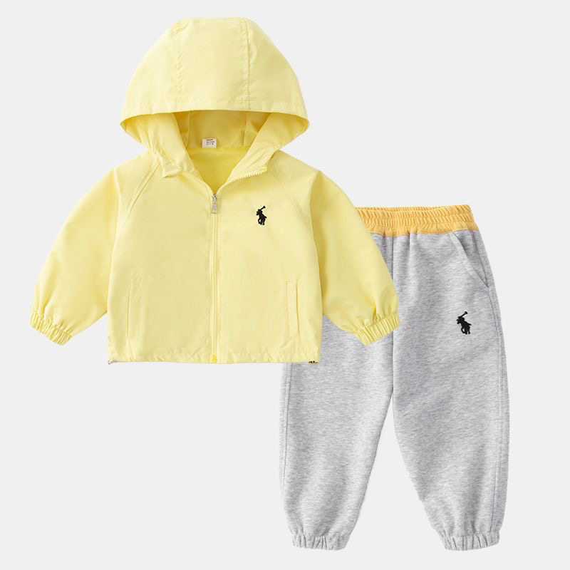 亮黄冲锋衣套装2025男女童套装秋季新款休闲外套连帽卫衣洋气潮