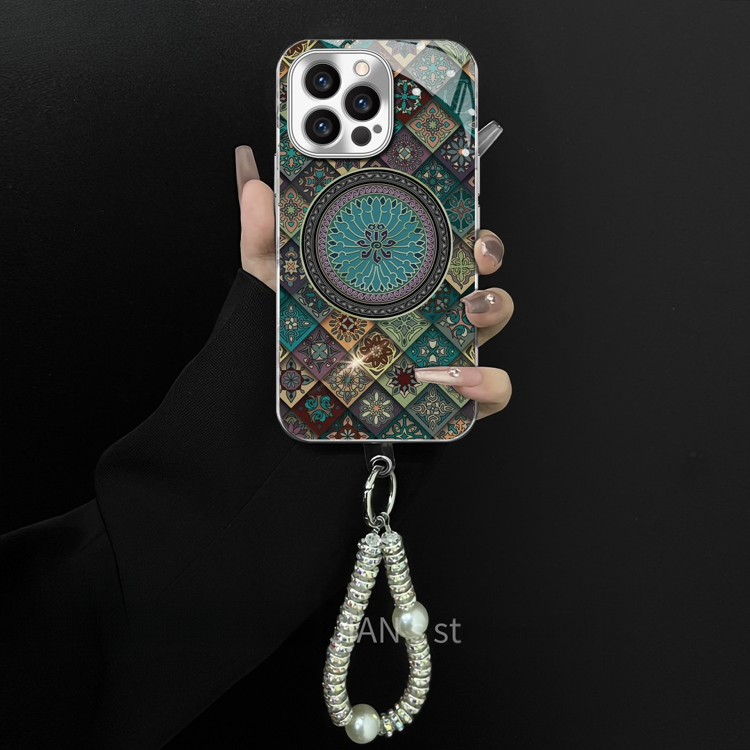 适用五彩蓝莲花苹果16promax电镀玻璃壳手机壳华为oppovivo小米