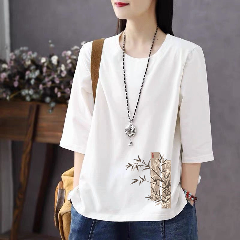 纯棉爆款七分袖女装宽松半袖中袖打底衫外穿T恤小众圆领慵懒风潮