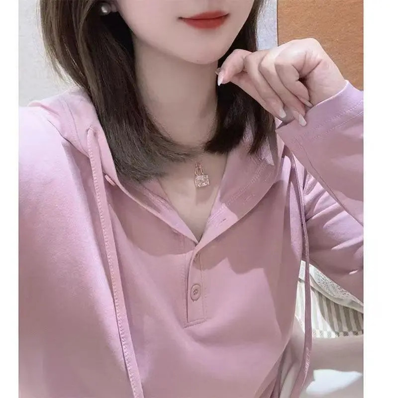 春秋季简约休闲连帽长袖T恤女新款洋气百搭舒适显瘦纯色上衣小衫