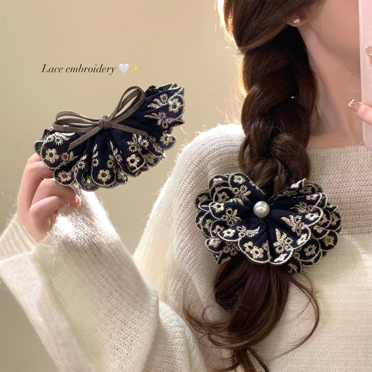 原创宫廷风蕾丝布艺刺绣珍珠花朵香蕉夹女后脑勺盘发马尾夹发饰