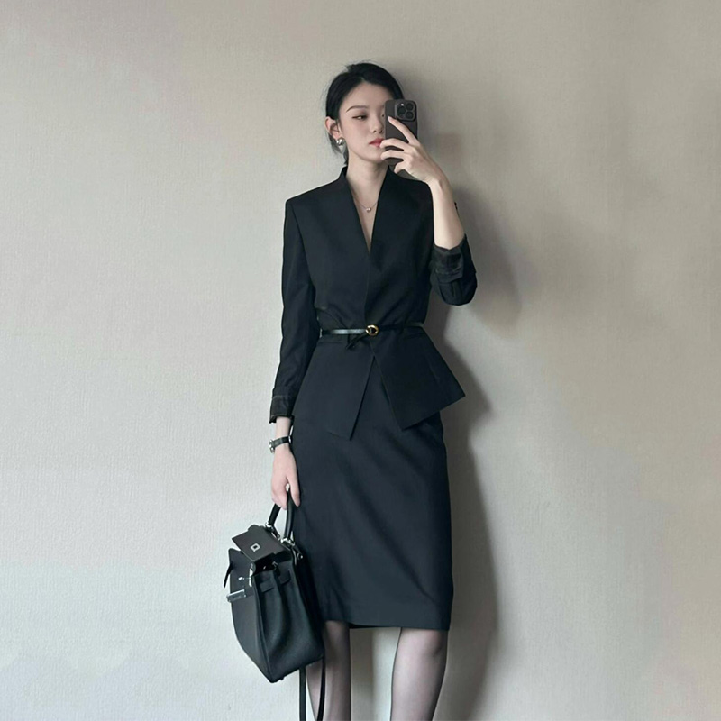 春秋气质黑色西装套装显瘦气质工作服律政俏佳人时髦半身裙两件套
