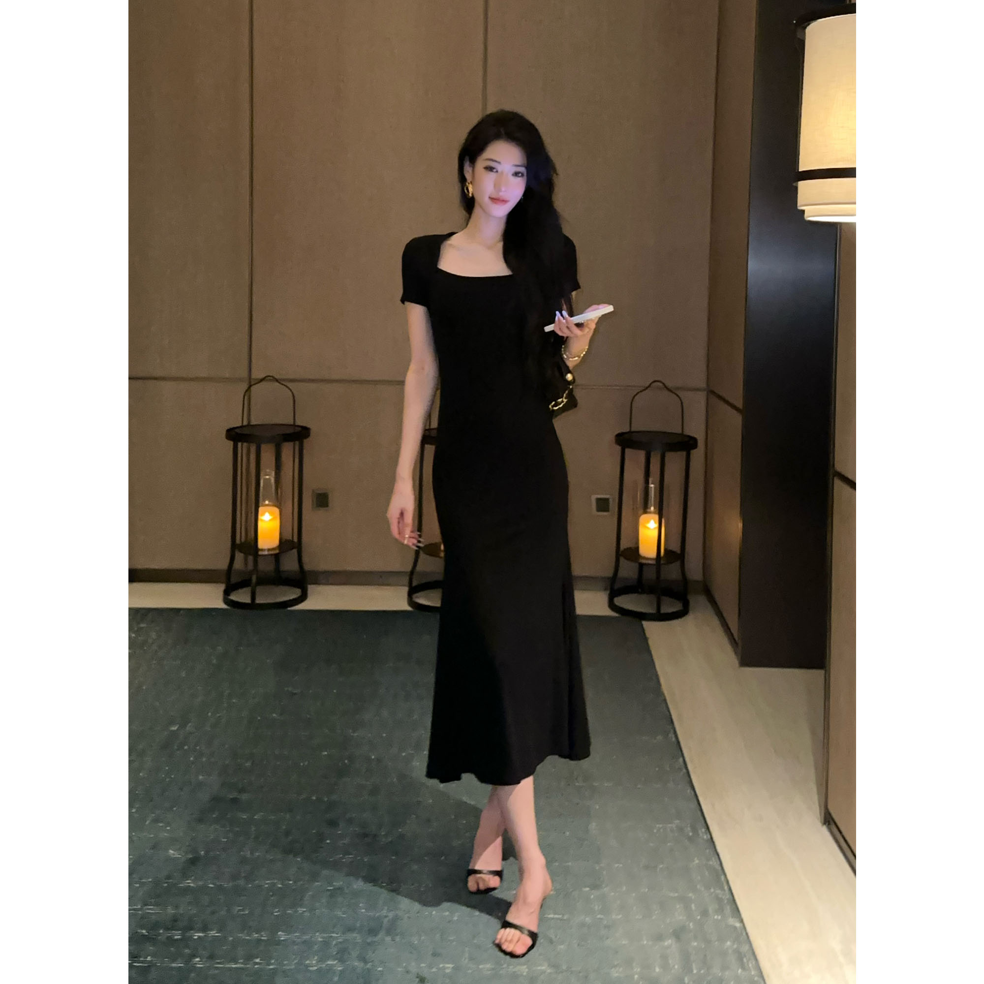 JIJINQI夏季赫本风鱼尾裙女性感拼接中长款百搭小黑裙JD06LZXL849