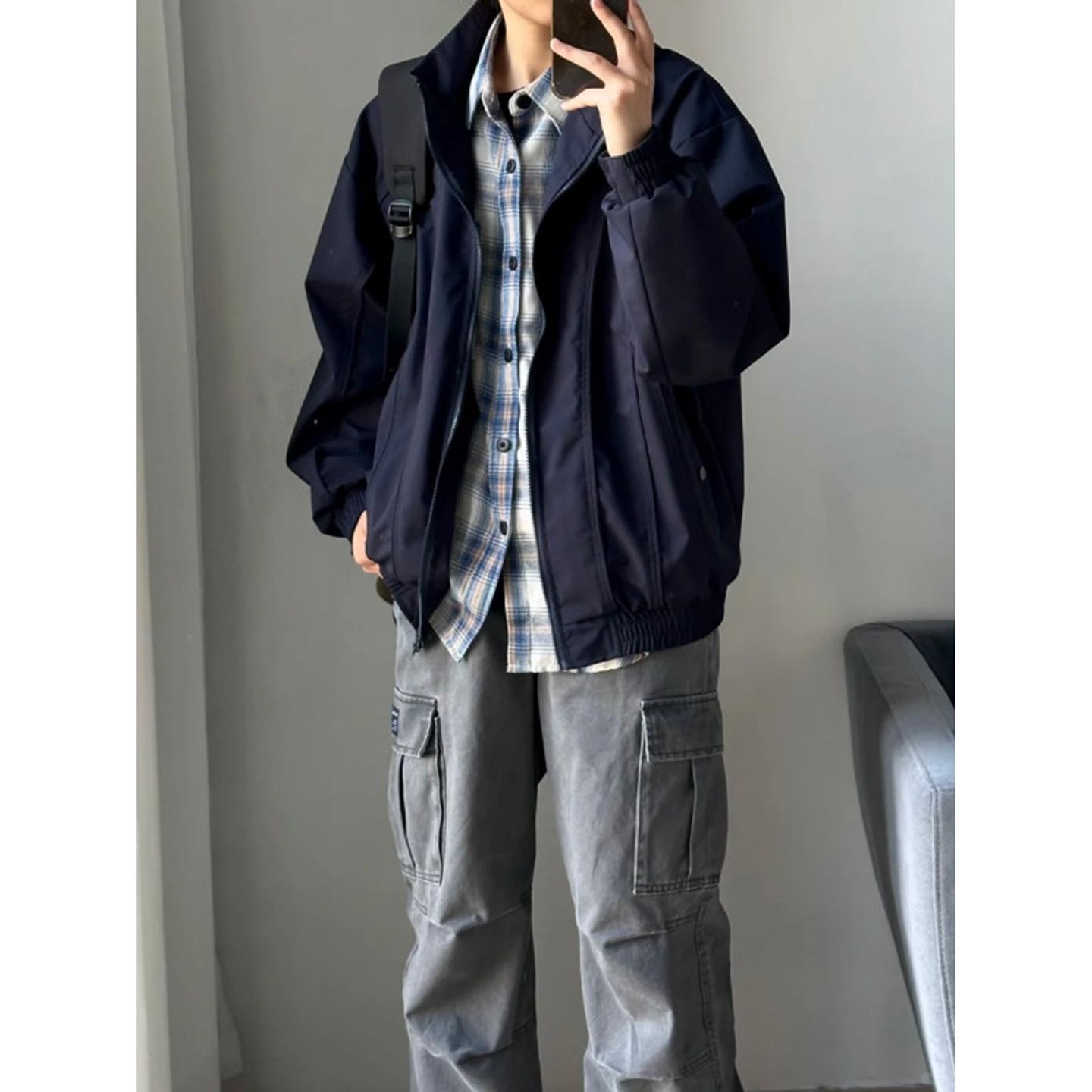 藏青色解构正肩外套男秋季美式立领棒球服cleanfit底特律工装夹克