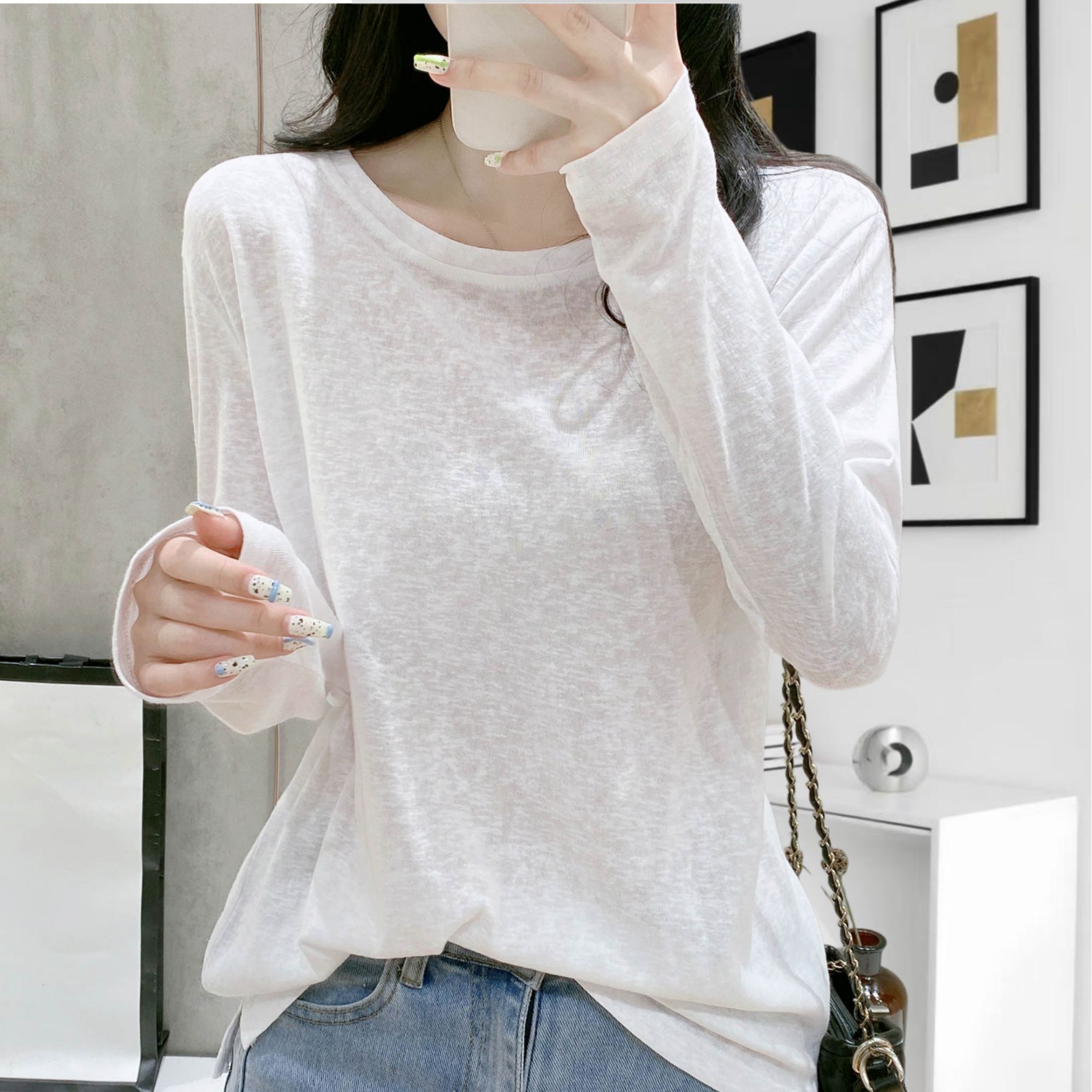 白色亚麻长袖T恤女2025秋季新款韩版圆领显瘦气质内搭打底衫上衣