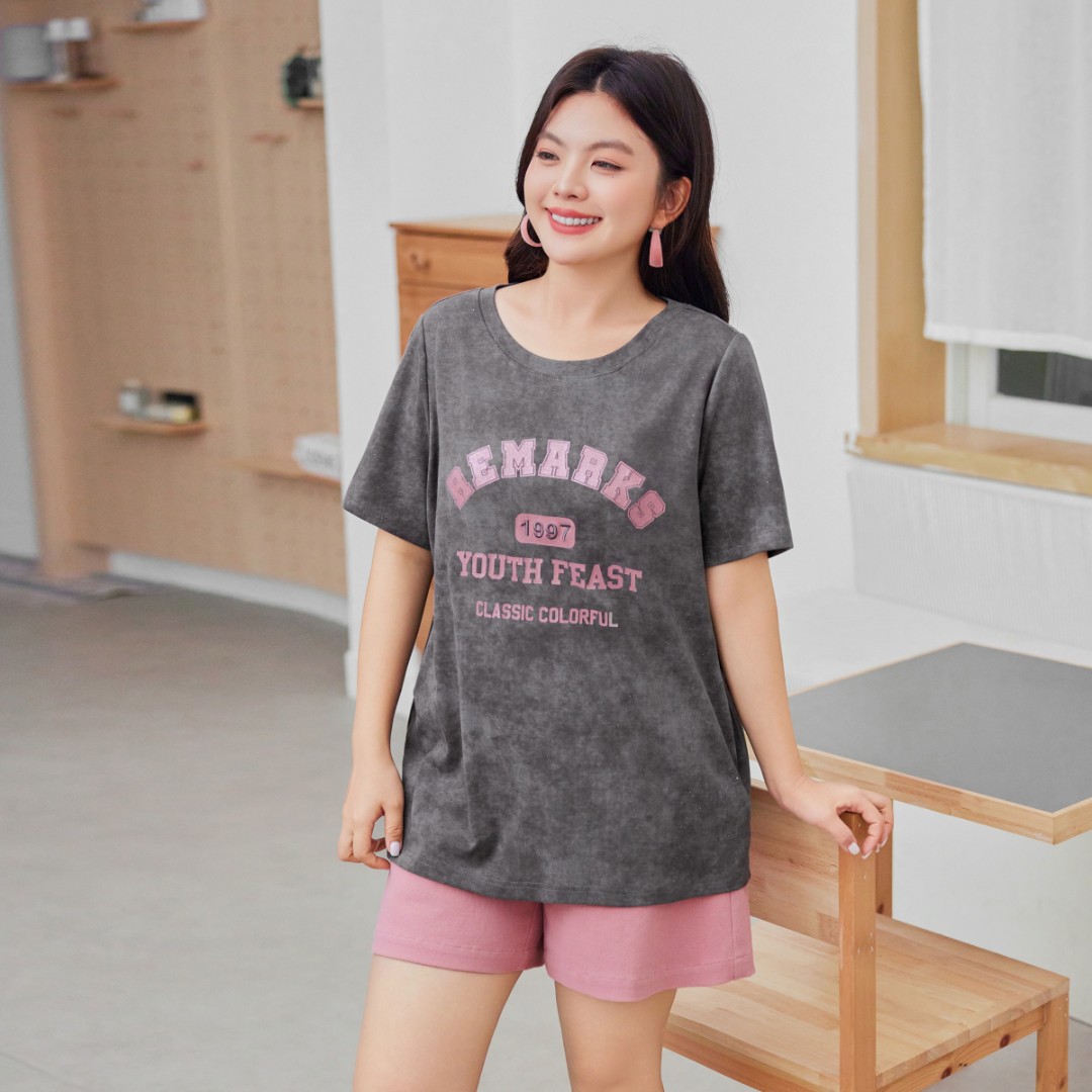 【闪粉印花刺绣T恤】MsShe大码女装2025夏装美式复古短袖K2507021