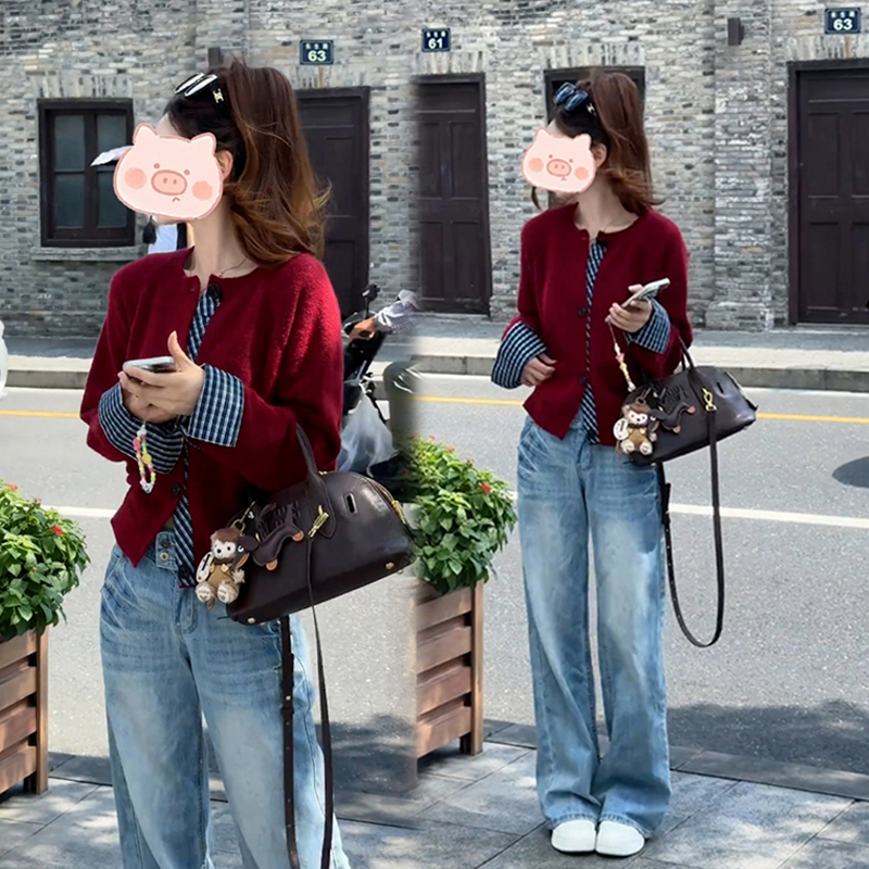 设计感洋气时尚百搭设计上衣带毛针织开衫搭配显瘦牛仔裤两件套女