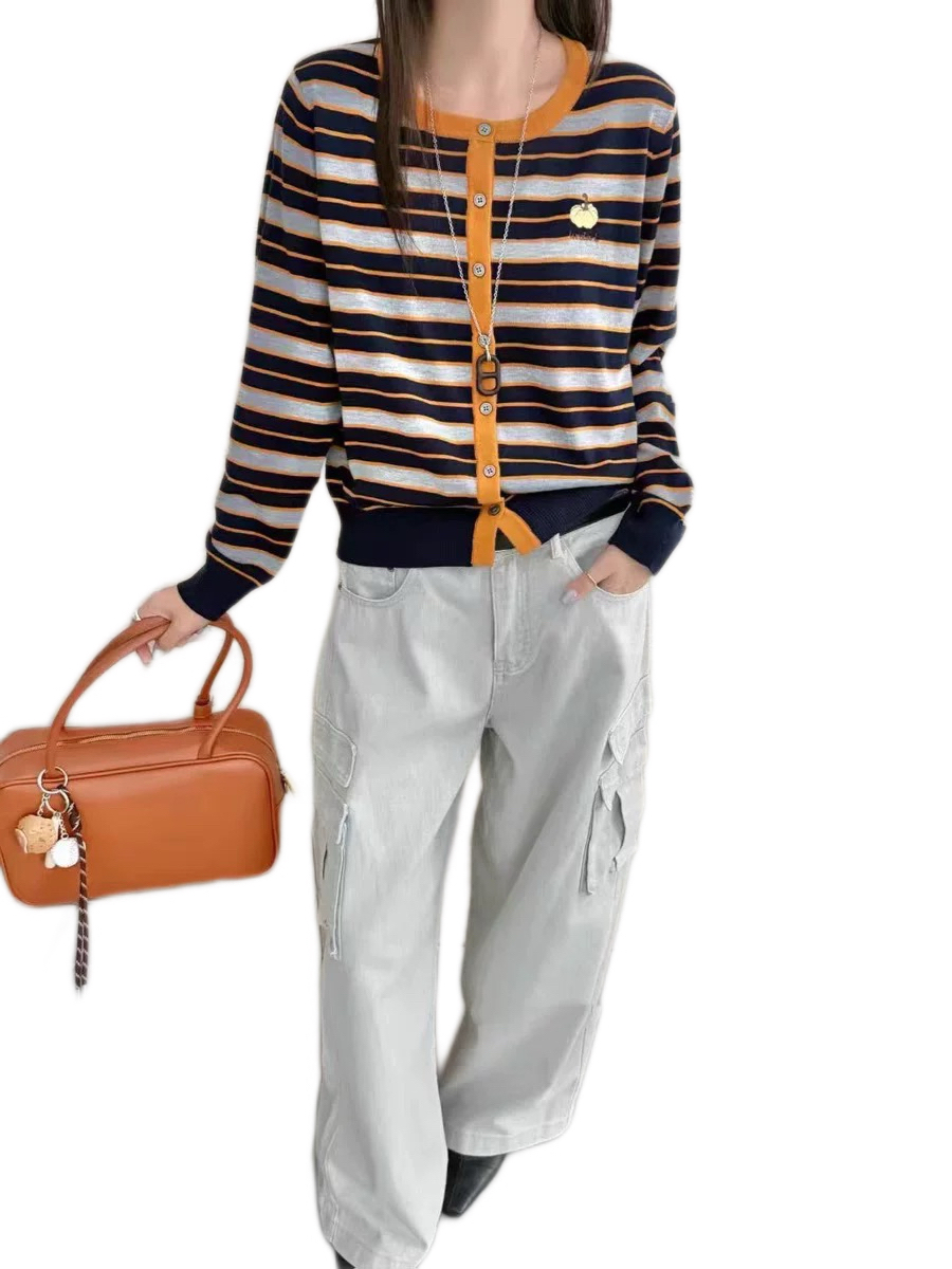 撞色条纹南瓜刺绣超细针织开衫新款宽松针织开衫女潮