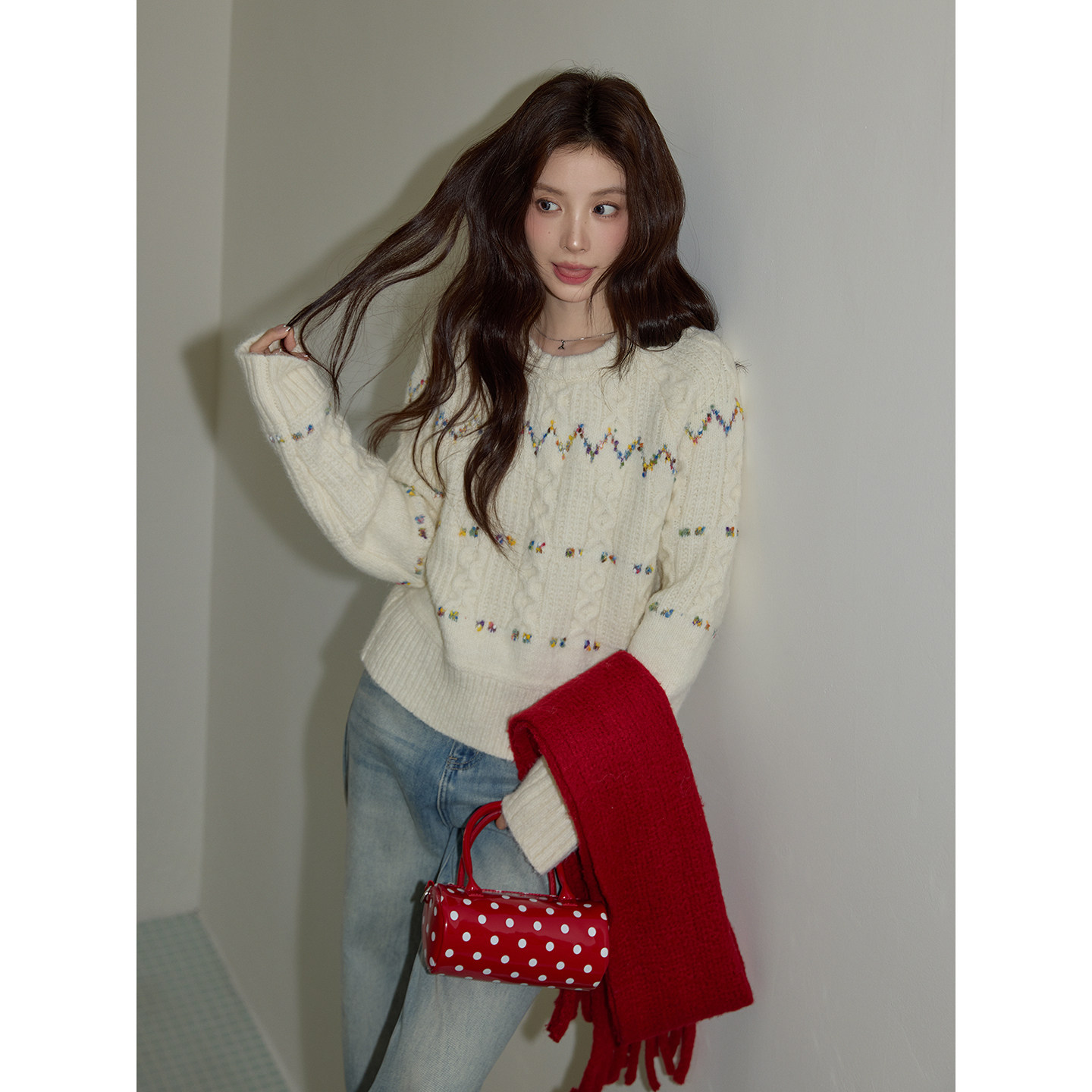 【吵吵家】杏色加厚圆领套头毛衣女2026冬宽松休闲时尚针织长袖上衣