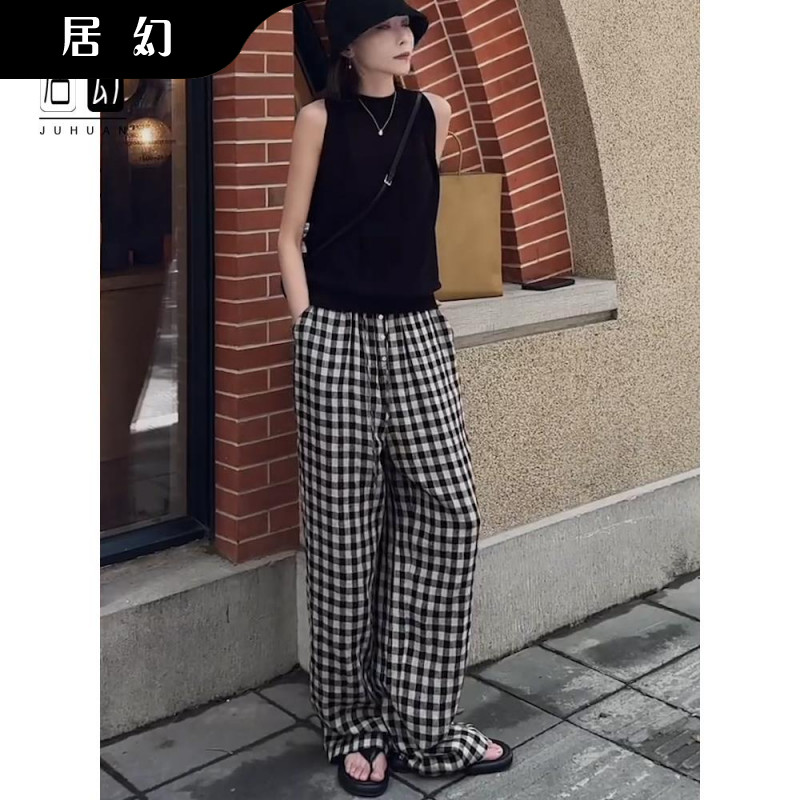 居幻亚麻阔腿裤女2025夏季女士新款格子高腰显瘦休闲时尚百搭裤子
