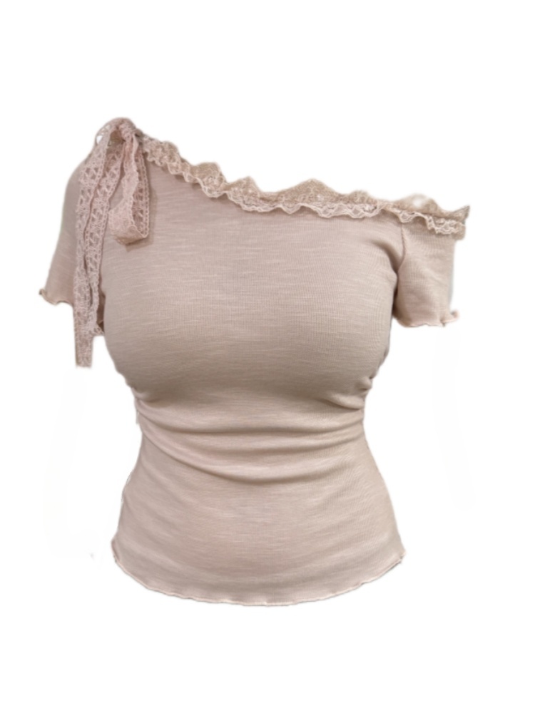 【Amy家】微胖mm甜辣性感露肩短袖T恤女设计感蕾丝拼接性感波边上衣