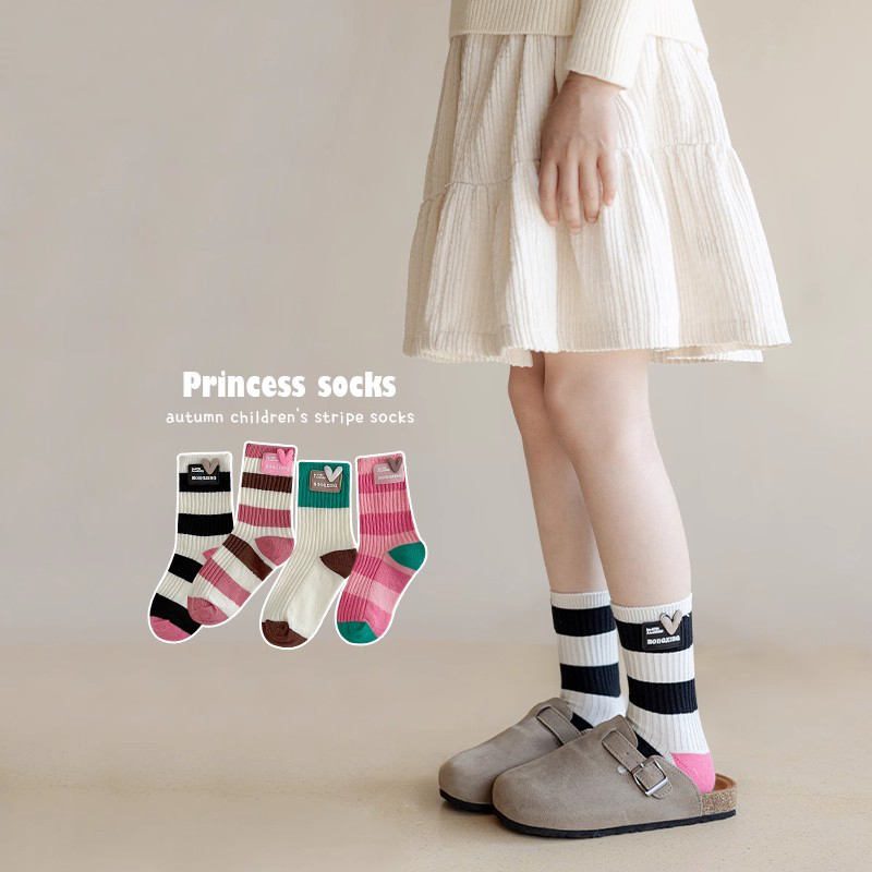 女童袜子春秋季棉袜儿童韩版ins风多巴胺条纹潮袜女孩双针中筒袜