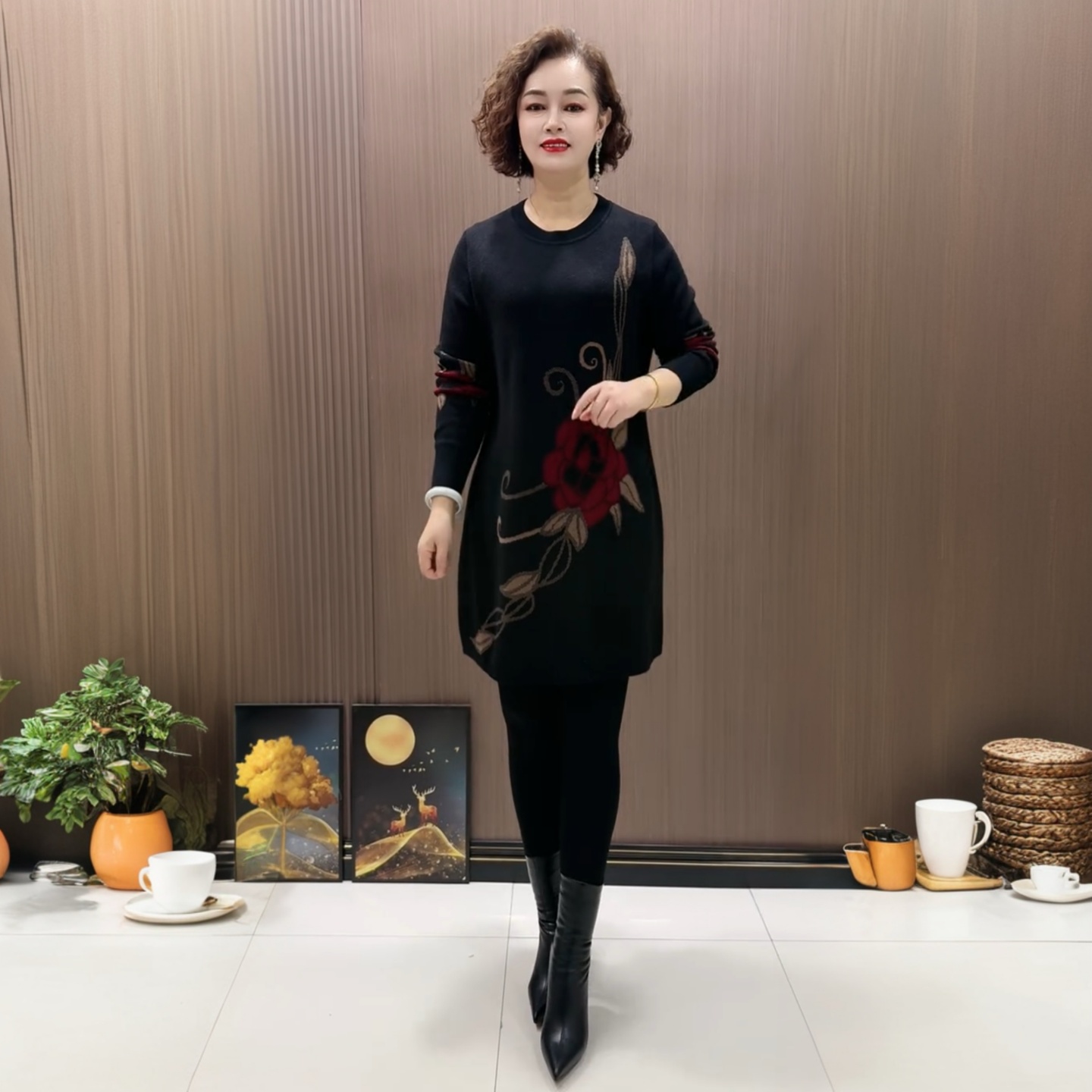 高端气质大码中长款花色针织衫中年妈妈秋冬款长袖宽松显瘦打底裙