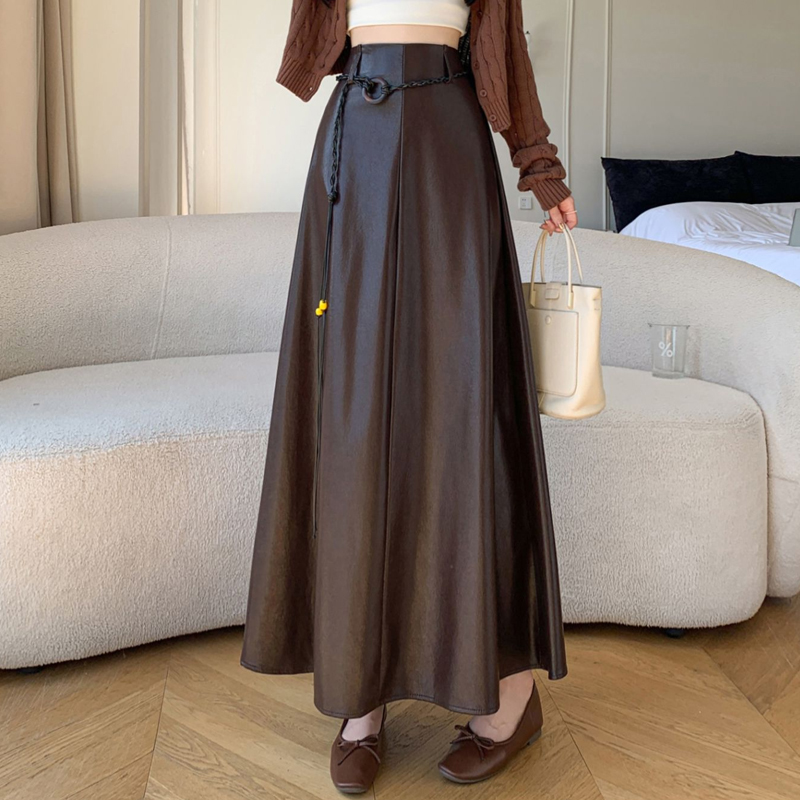 美拉德咖色PU皮半身裙女秋季时尚高腰遮胯显瘦垂感a字休闲大摆裙