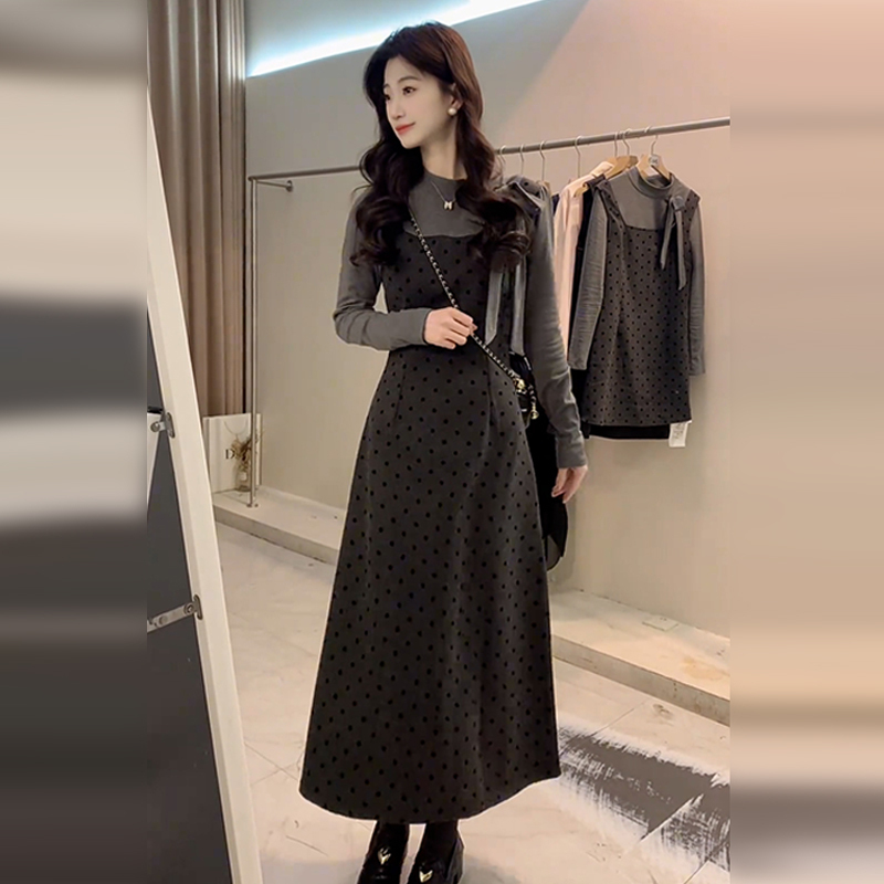 早秋miu系穿搭连衣裙女秋针织内搭长裙假两件套装韩系高级感9305