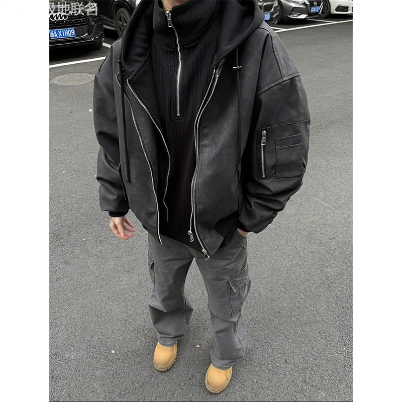 波司登极地联名cleanfit假两件pu皮棉服男冬季美式高街机车服夹克