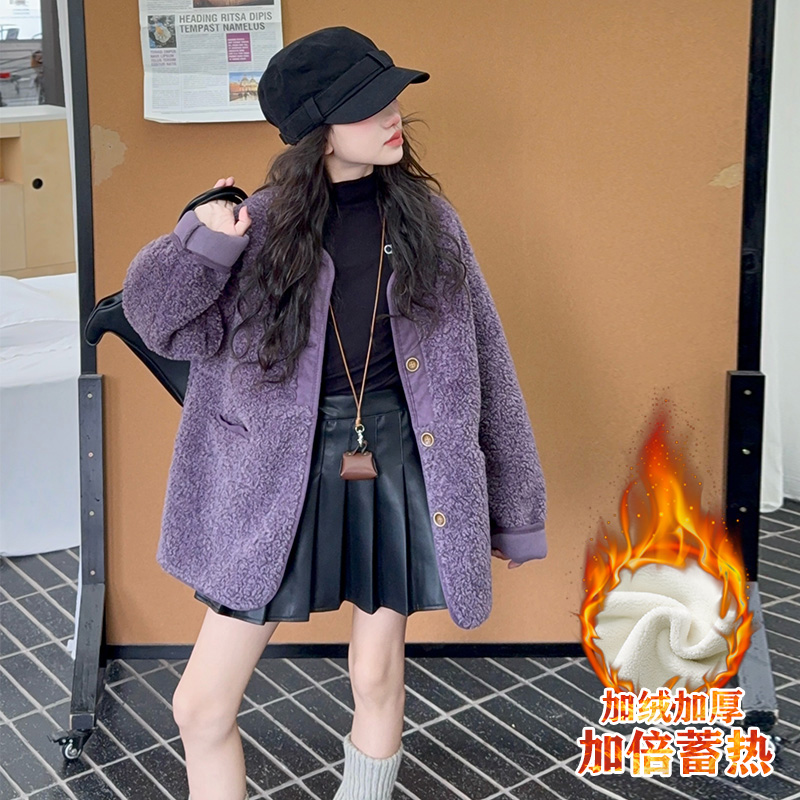 女童毛毛衣外套加厚秋冬款2025新款中大童韩版休闲皮毛一体上衣潮