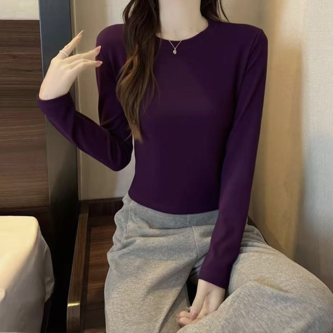 【小个子专属】2025新款打底衫显瘦春秋长袖白色百搭修身圆领秋季女