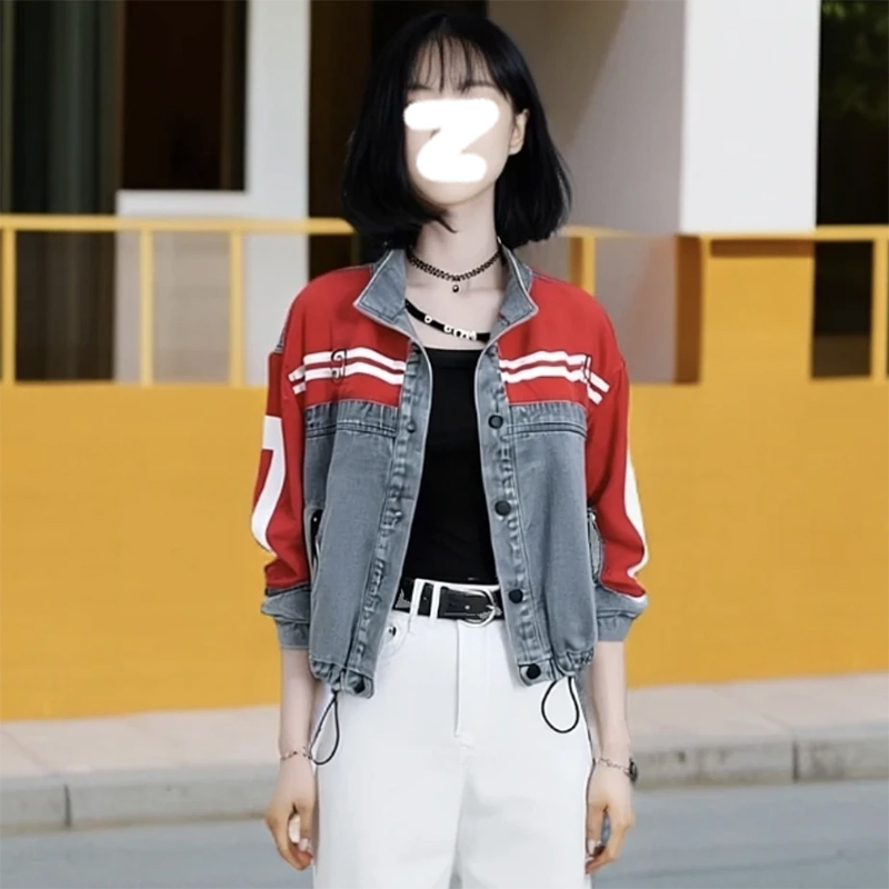 韩版时尚百搭拼接牛仔外套女士秋季小个子独特超好看宽松夹克上衣