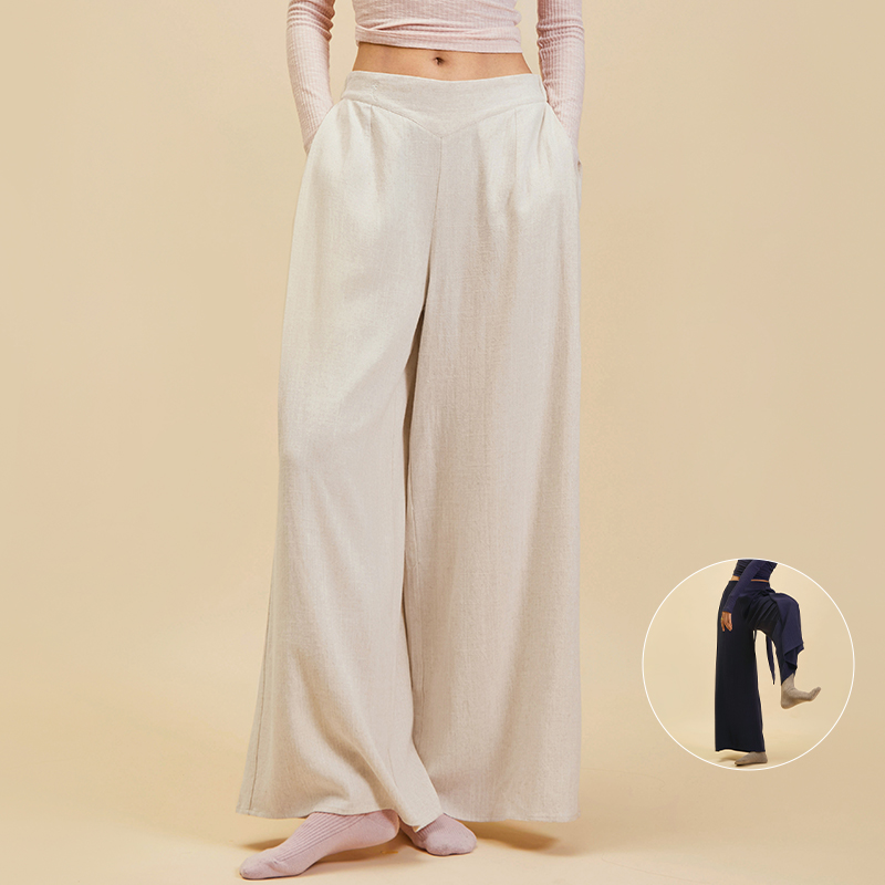 诗意花朵现代舞服棉麻裤麻本色藏青色现代舞阔腿裤宽松练功服诗意