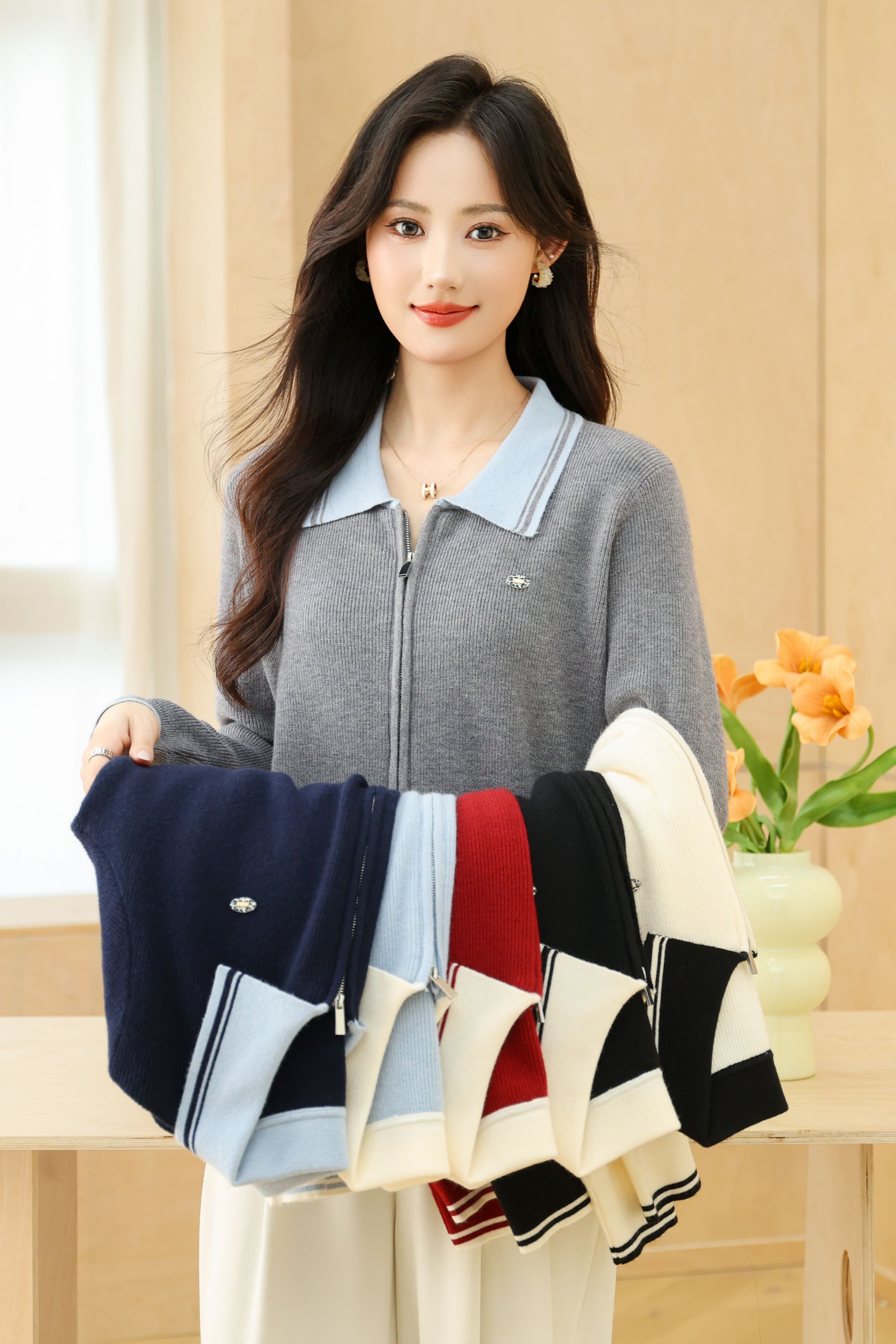 双拉链设计翻领polo针织开衫女短款毛衣外套气质长袖上衣#2031