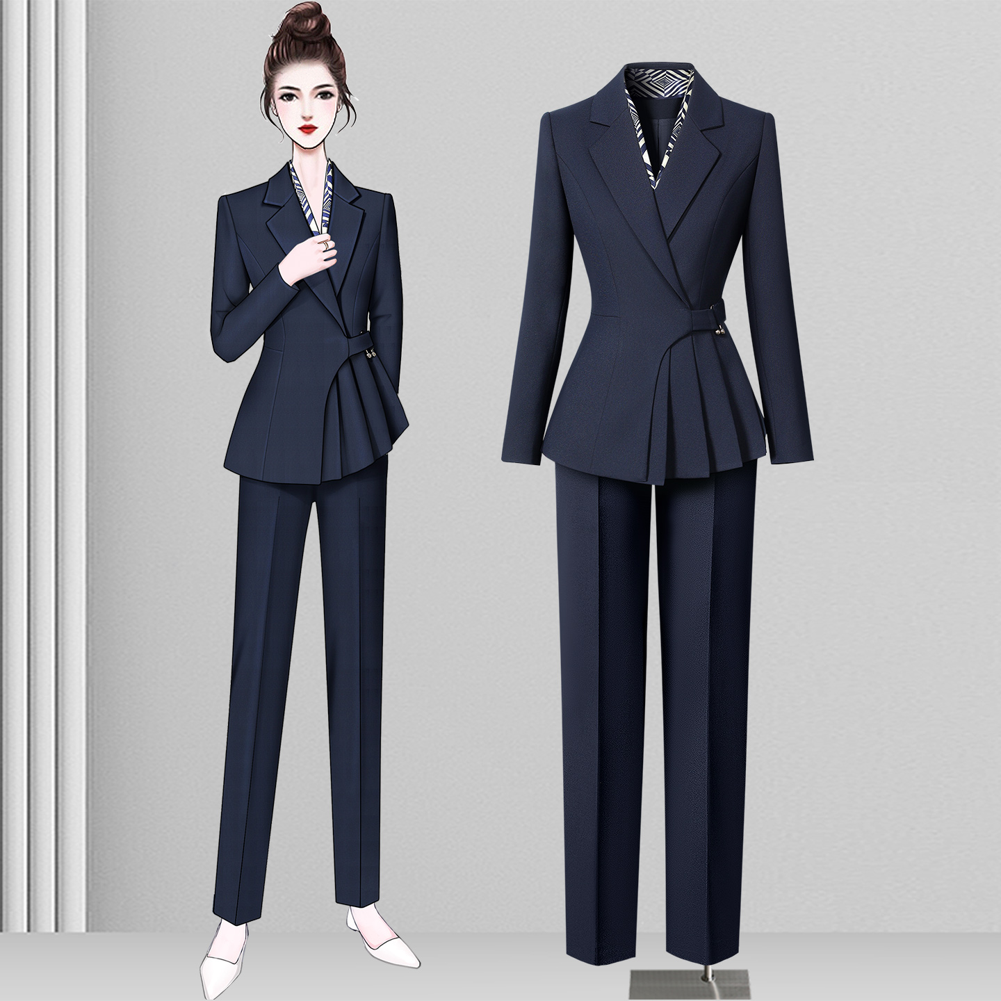女蓝色短袖上班轻职风时尚纽扣立体女西装套装工作服职业女神范