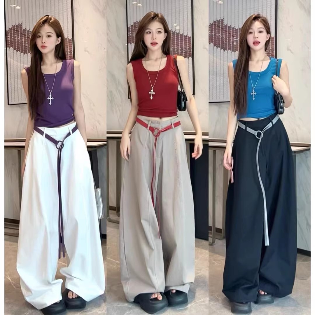 韩系ins慵懒感气球裤夏季新款简约压褶遮肚阔腿长裤女（不送腰带）