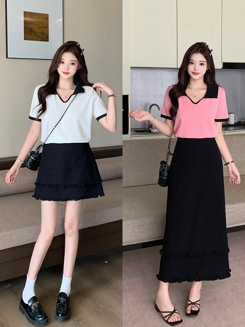 胖mm大码女撞色翻领短袖长短款半身裙套装71939+22205短+22566长