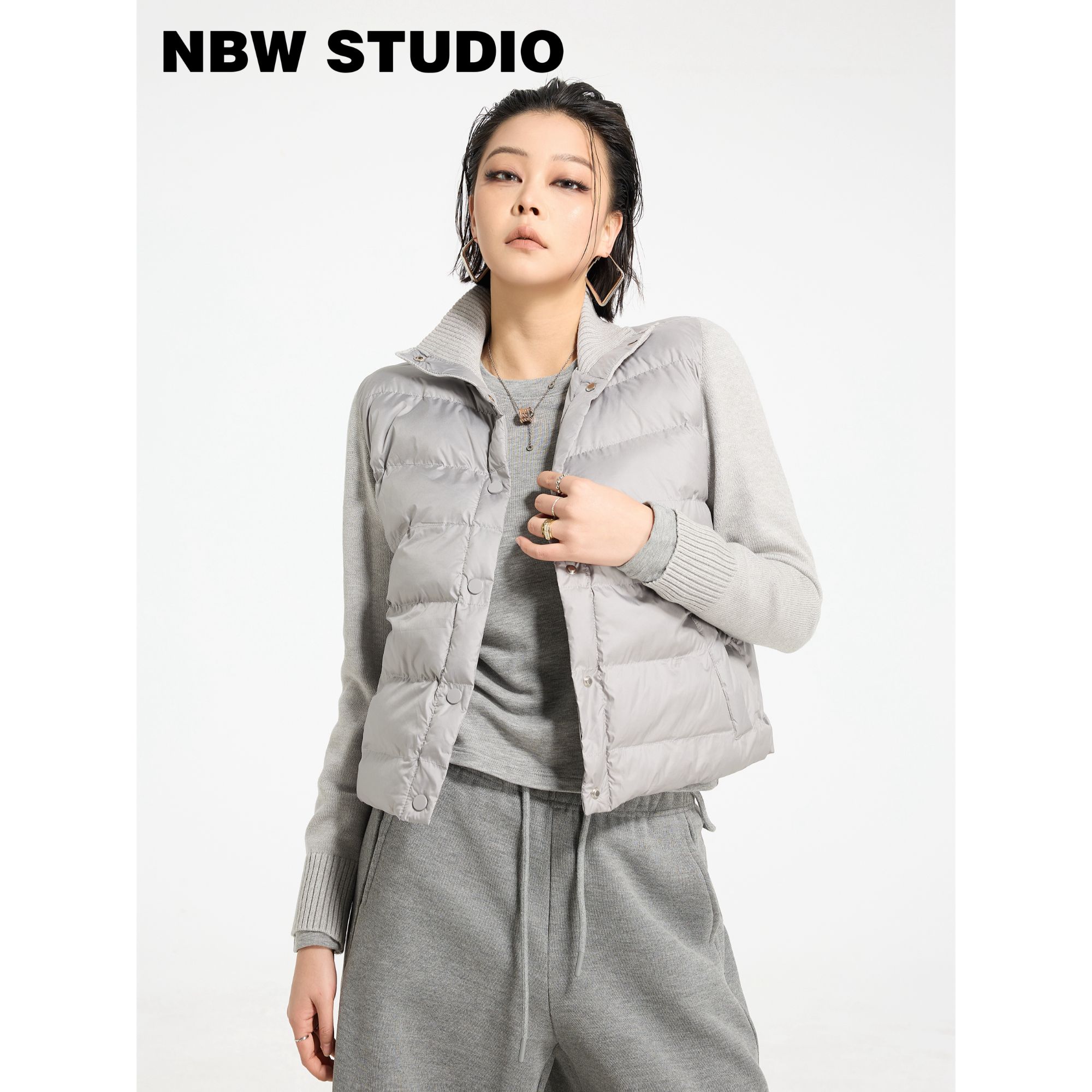 NBWSTUDIO 秋冬立领休闲保暖拼接开襟常规袖修身轻便马甲