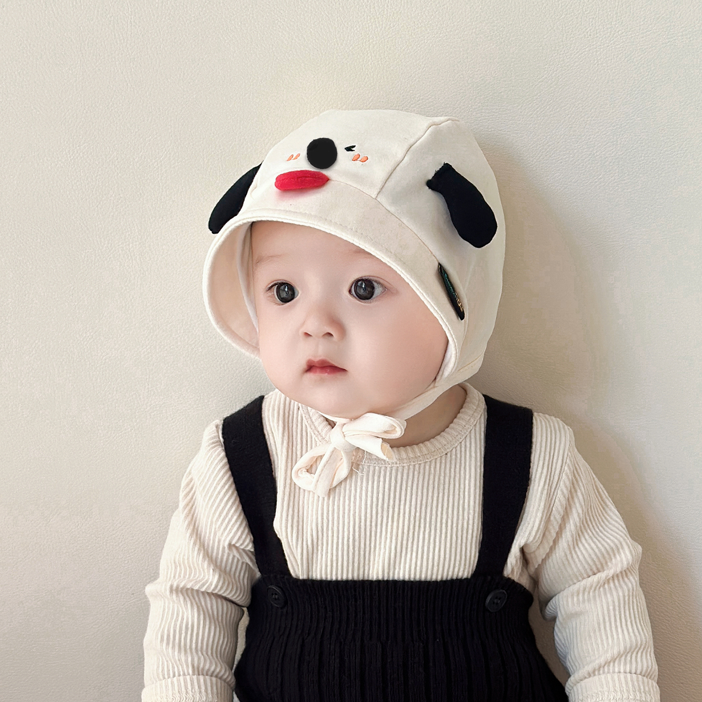 婴儿护耳帽春秋季防风护耳带帽檐小狗狗男女宝宝系绳包头套头帽子