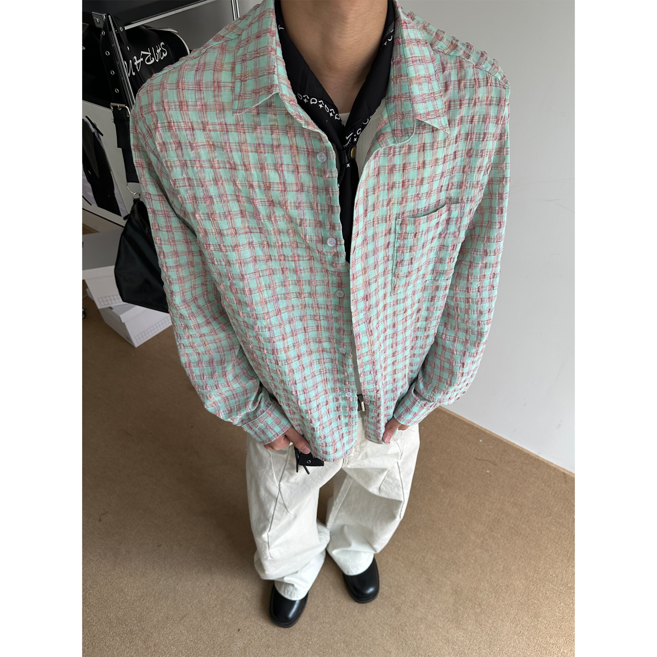 CZ2美式复古泡泡纱肌理感长袖衬衫荧光绿宽松休闲通勤百搭衬衣