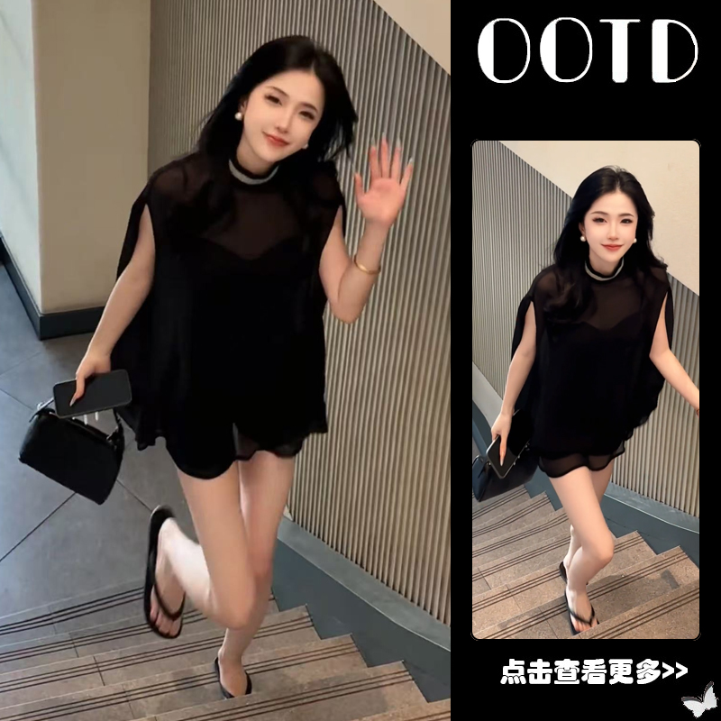 夏季穿搭一整套女装2025新款韩系气质小衫上衣吊带背心短裤三件套