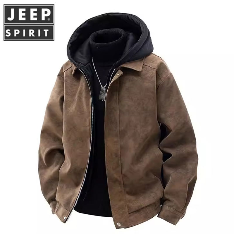 JEEPSPIRIT吉普PU皮衣夹克男假两件可拆卸帽子美拉德潮流男士外套