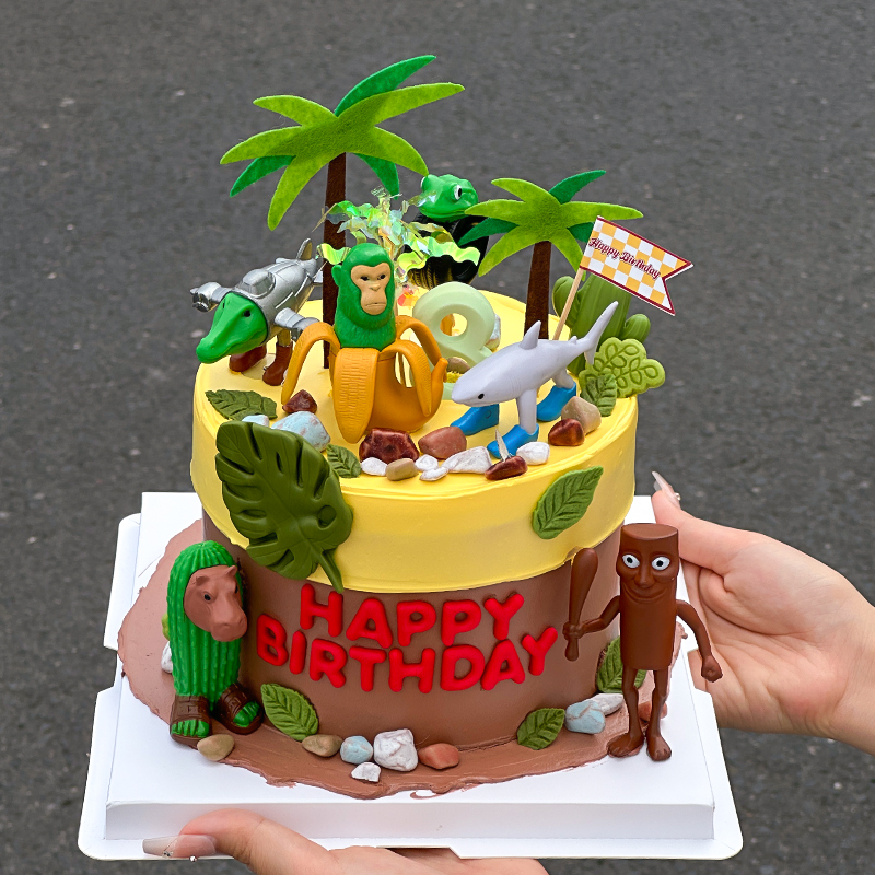 网红卡通木头人山海经融合主题蛋糕装饰摆件椰子树儿童生日插件