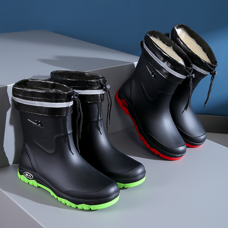 Warrior/回力男士冬季保暖防水雨鞋加绒内套可拆洗厨房防滑胶鞋