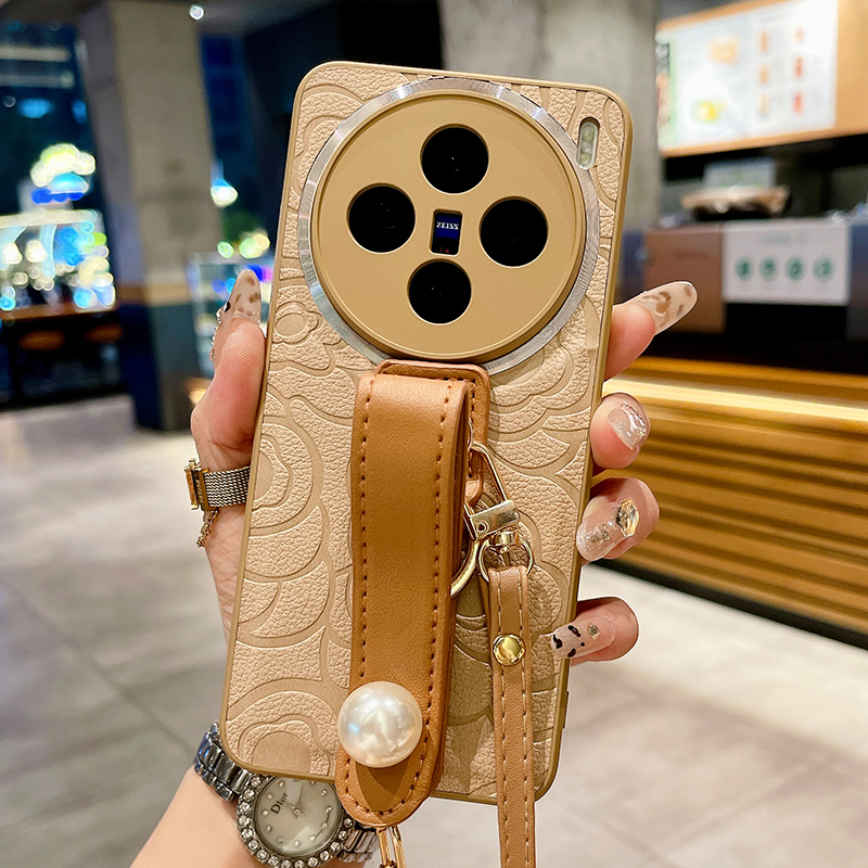 皮质山茶花适用vivoX200手机壳X100珍珠腕带X90Pro斜跨X80背带X70