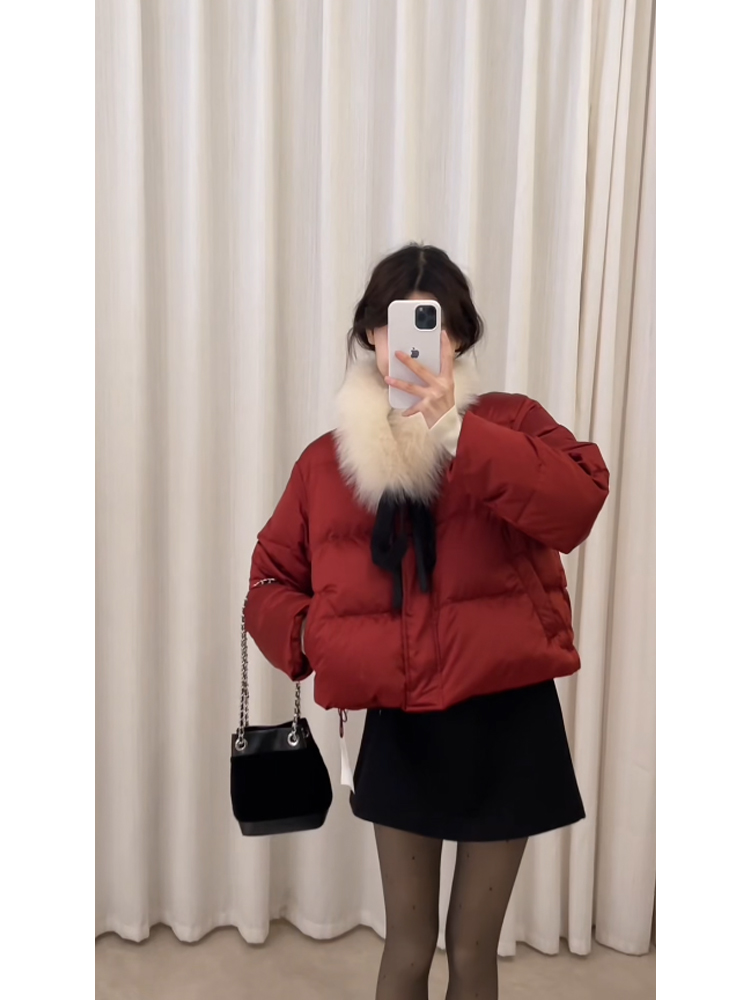 202秋冬新款韩系松弛感毛领保暖棉服外套百搭半身裙气质两件套装