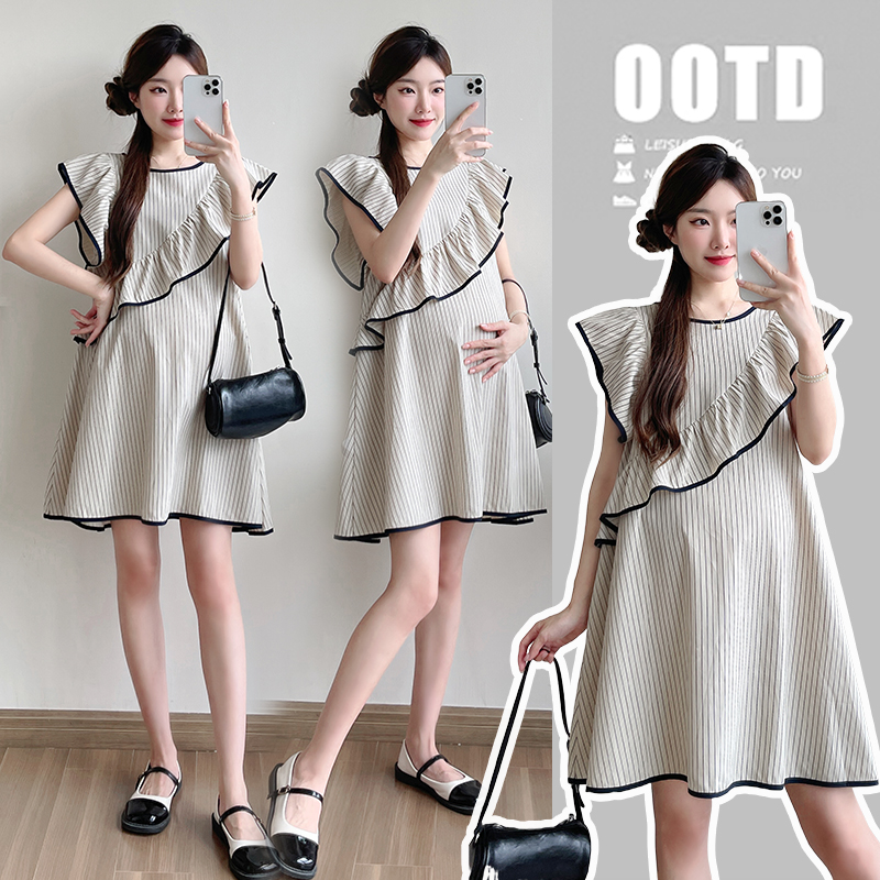 时髦新款孕妇装法式荷叶边小飞袖显瘦气质时尚夏季宽松无袖连衣裙